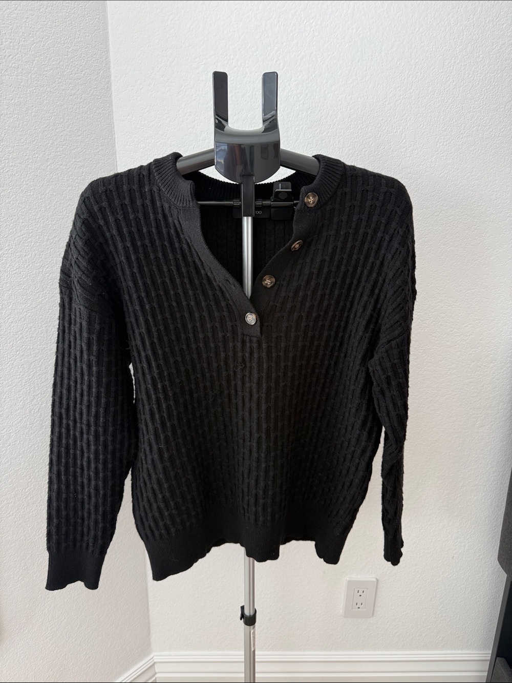 Black Ribbed Button-Front Crewneck Sweater